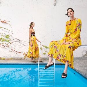 La DoubleJ Summer Visconti Silk Maxi Dress Yellow Floral Print Size XS NWOT